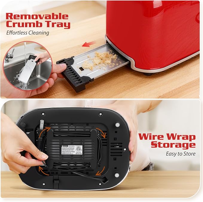 Aigostar Toaster 2 Slice, Retro Extra-Wide Slot Toasters Best Rated Prime for Toasting Bagels, Breads, Waffles & More, Cancel, Defrost & 6 Browning, Removable Crumb Tray, Stainless Steel, Red
