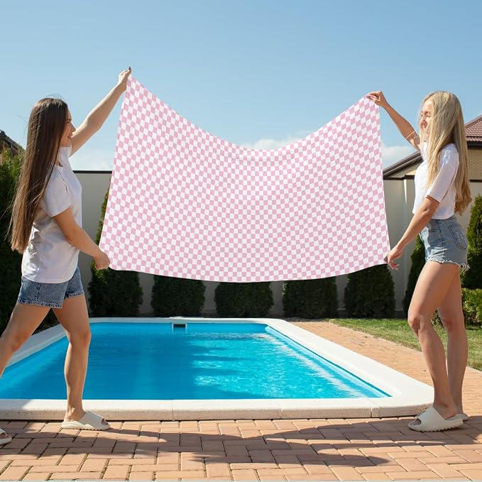 2 Pcs Microfiber Beach Towel Sand Free Sandproof Quick Dry Oversized Lightweight Retro Geometric Pink White Checkered Pattern Travel Pool Yoga Bath Blanket Accessories 71 x 32 Inches