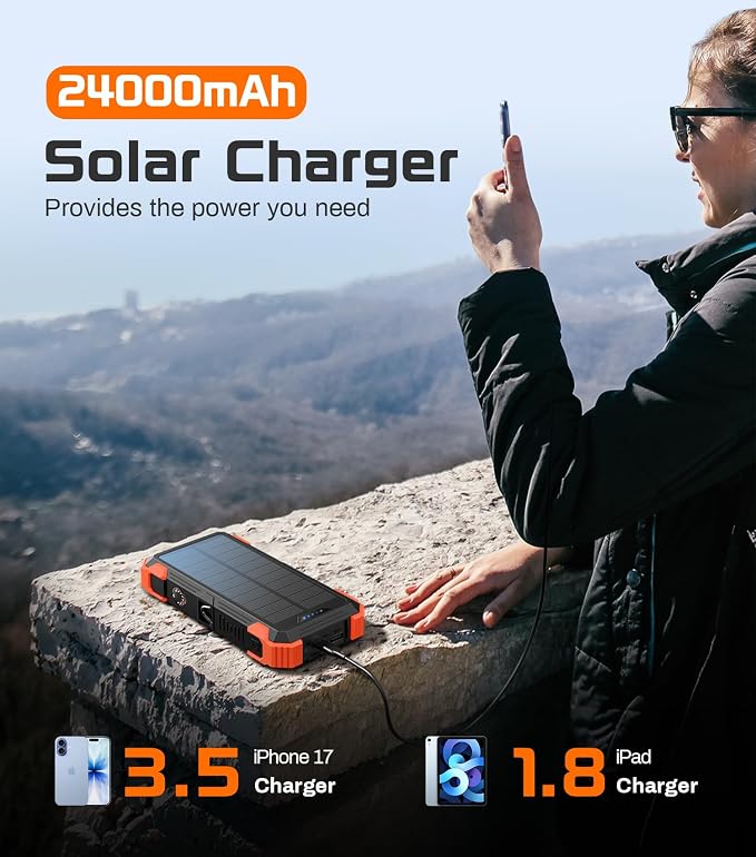 GOODaaa Solar Power Bank 24000mAh, Portable Charger with 4 Built-in Cables, 15W Fast Charging 5 Outputs 2 Inputs Battery Pack, Thermometer & SOS Flashlight for iPhone 17/16, Samsung, All Cell Phones
