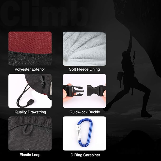 Rhino Valley Climbing Chalk Bag, No Leak Drawstring Chalk Bag with Adjustable Belt, Carabiner Clip and Zippered Pockets Chalk Bag for Rock Climbing, Cross Fit, Weight Lifting & More