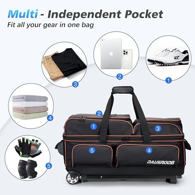 3 Ball Bowling Bags with Wheels, Bowling Bags 3 Ball Roller - 900D Oxford Waterproof PU, Bowling Bag with Multi-Separate Storage Pockets & Retractable Handle Extends to 40''