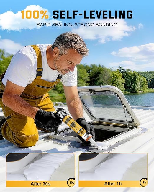 RV Roof Sealant, 30 Seconds Self Leveling Lap Sealant – White, Fast Curing Waterproof Flexible Caulk RV Sealant with Gloves for Camper Trailer Roofs Maintenance Repair