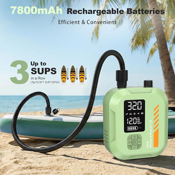 Paddle Board Pump Electric Portable,Rechargeable 22 PSI SUP Air Pump,Dual Power 7800mAh,12V DC Car Plug,Inflation Deflation,Auto-Off,for Paddleboard,Kayak,Kite,Tent,Kayaks