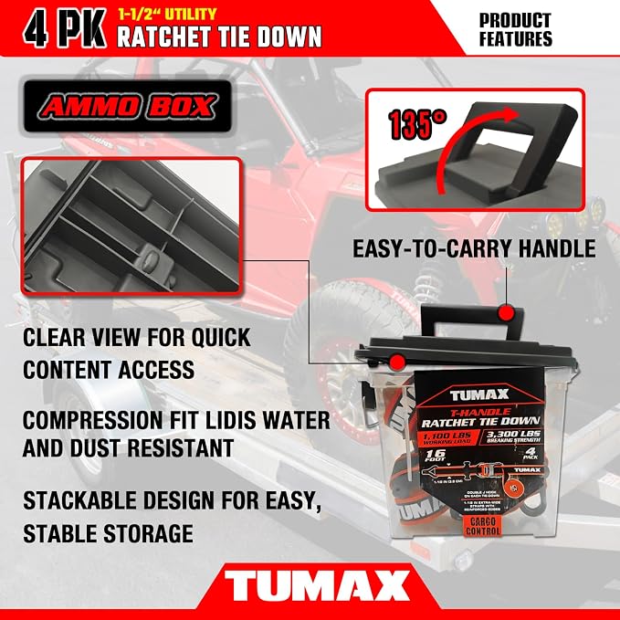 4 PK Universal Ratchet Straps Heavy Duty, 1.5" x 16 FT Tie Down Straps with Double J Hooks, 3300 lbs Break Strength, Ergonomic T-Handle & Ammo Box for Trailer, Truck, Motorcycle, ATV, UTV, Boat