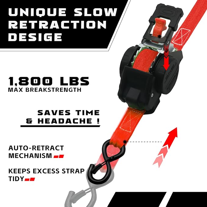 Retractable Ratchet Straps (2-Pack) - Heavy Duty Auto Slow Retraction Tie Down Straps - 1 Inch x 13 Feet (1,800lb Break Strength) for Truck, Cargo Trailer, Motorcycle, ATV, UTV - Red