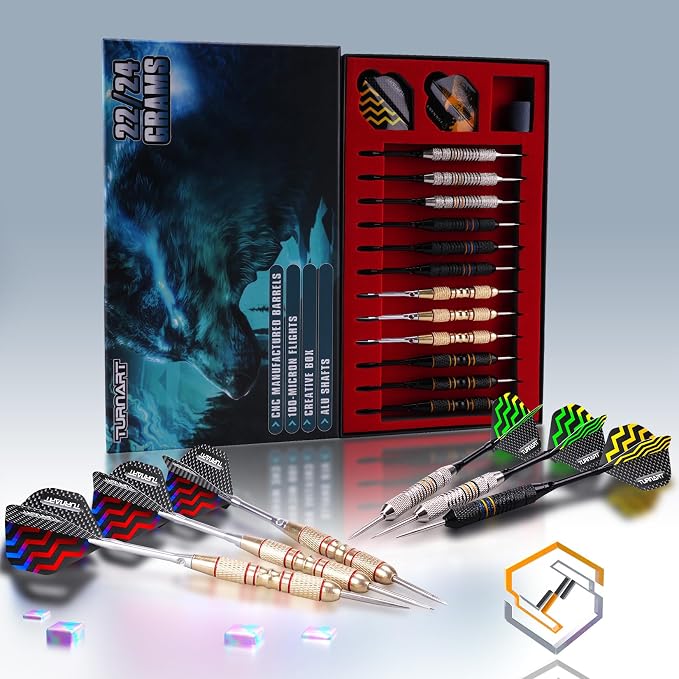 Turnart Darts Metal Tip Set - Steel Tip Darts Darts Set Professional Metal Darts 12 pcs 22/24 Grams Pro Dart Set with Stylish Case Aluminum Shafts Extra 9 Flights