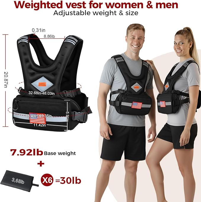 Weighted Vest Woman & Men, 6-10lb/8-20lb/8-30lb Adjustable weighted Vest With Pockets & Reflective Strips for Walking, Running, Hiking,Rucking, Workout, Strength Training