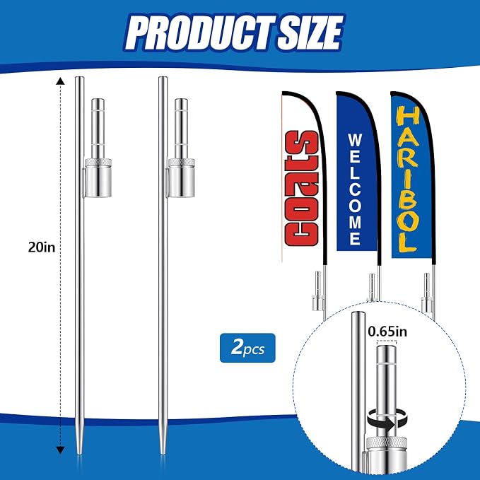 Pelopy 2 Pcs Feather Flag Ground Spike Ground Stake Flag Base Heavy Duty Flags Pole Holder for Outdoor Banner Stakes Fits Poles with 0.65 Inch Inner Diameter, Stake Only (20 Inch)