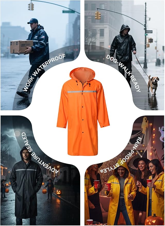 Mens Long Hooded Safety Rain Jacket Waterproof Emergency Raincoat Poncho