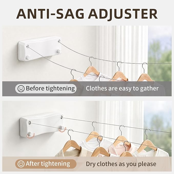 Anti-Sag Retractable Clothesline 40LB Capacity - 201in Stainless Steel Laundry Line for Indoor Outdoor, Wall Mounted Space Saving Easy Install (White, Double Lines)
