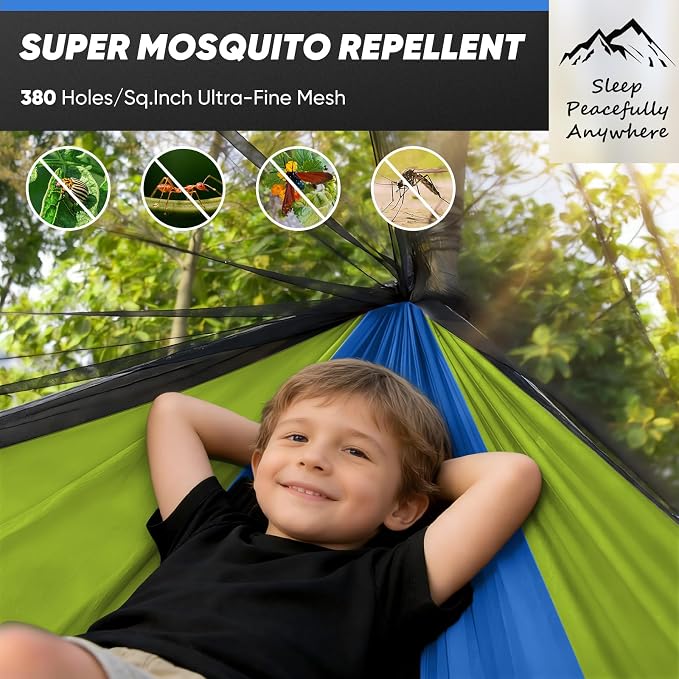 Kids Camping Hammock with Mosquito Net, 450 lbs Portable Hammock with Tree Straps, 2-in-1 Double/Single Travel Hammocks for Children, Hammock for Outside/Indoor/Backpacking/Beach - Lake Blue & Green