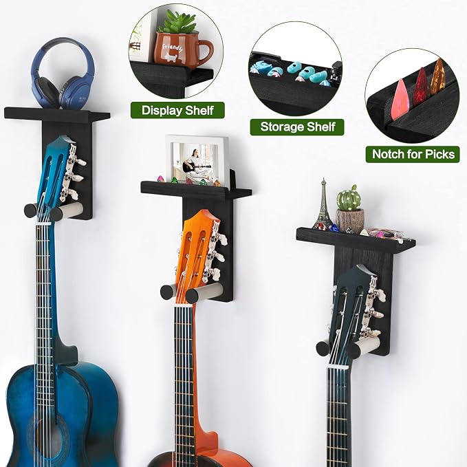 Keebofly Guitar Wall Mount 3-Pack - Rustic Wood Guitar Hanger with Pick Holder for Acoustic, Electric, Bass Guitars & Ukulele (Matte Black, Screw-Mounted) [Patented]