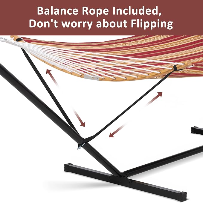 SUNCREAT Hammocks Portable Hammock with 12 ft Stand Included, Double Hammock with Curved Spreader Bar, Red Stripes