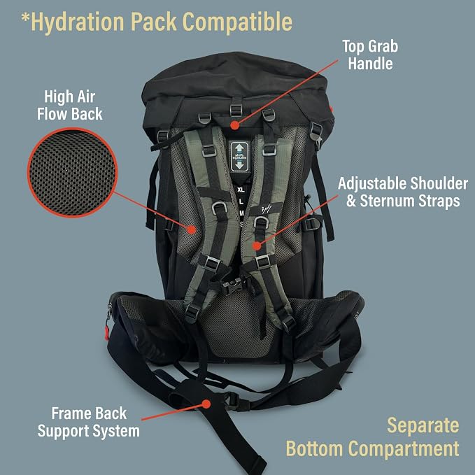 Bear Grylls 65L + 5L Hiking Hydration Backpack, Perfect For Backpacking, Large Pack With Separated Bottom Compartment, Camping, Mountain Biking, Skiing, Snowboarding, For Men and Women - Black