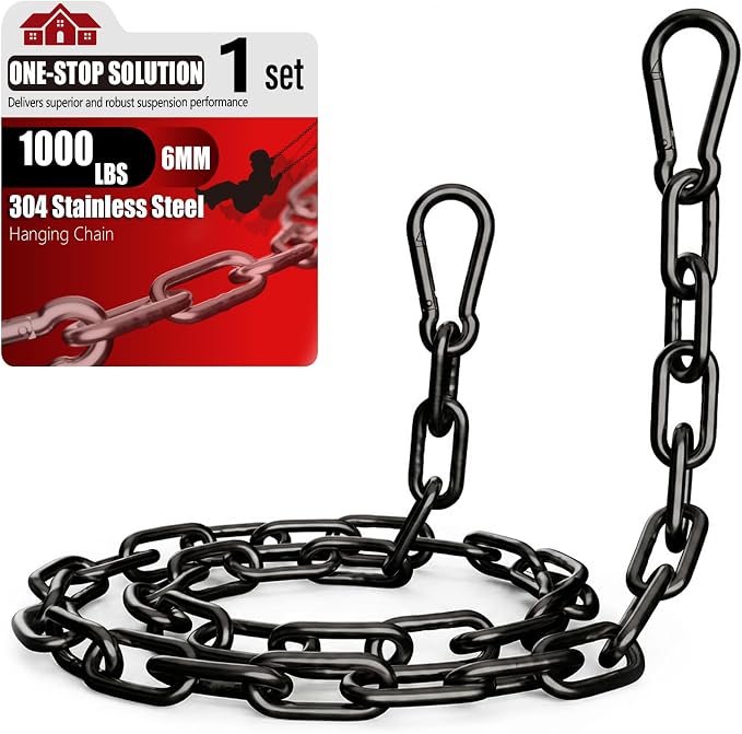 sprookber 1000LB Heavy Duty Hanging Swing Chain, 6mm Thick 304 Stainless Steel Hanging Chain with 2 Carabiners, 45" Hardware Kit for Hammock, Hanging Chair, Punching Bags, Tree, Indoor & Outdoor