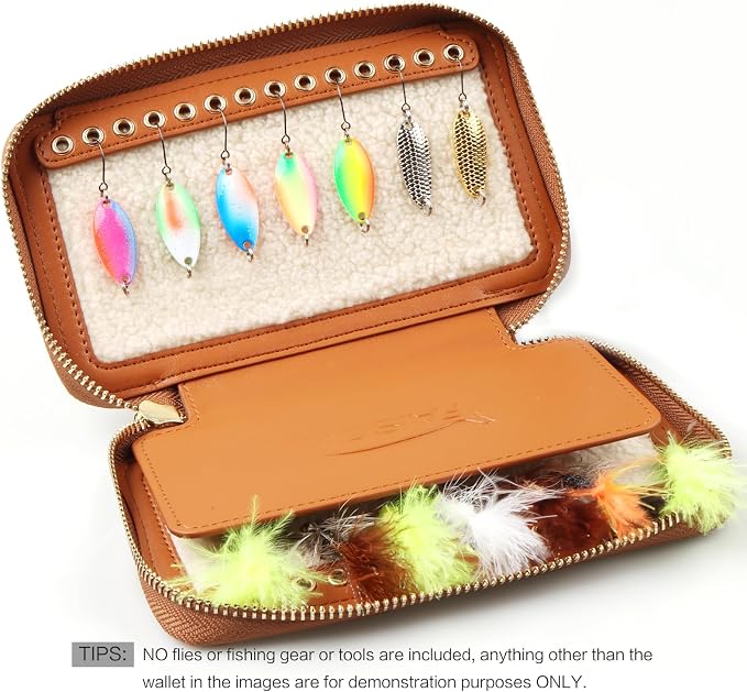 Lure Box Fly Fishing Leather Wallet Tackle Box Storage Spinner Bait Spoon Lures Flies Streamer Dry Fly Box Display Pocket Case Gifts for Men, Women (Lure FLy Wallet #B (Size: 6.6"x4.1"x1.1"))
