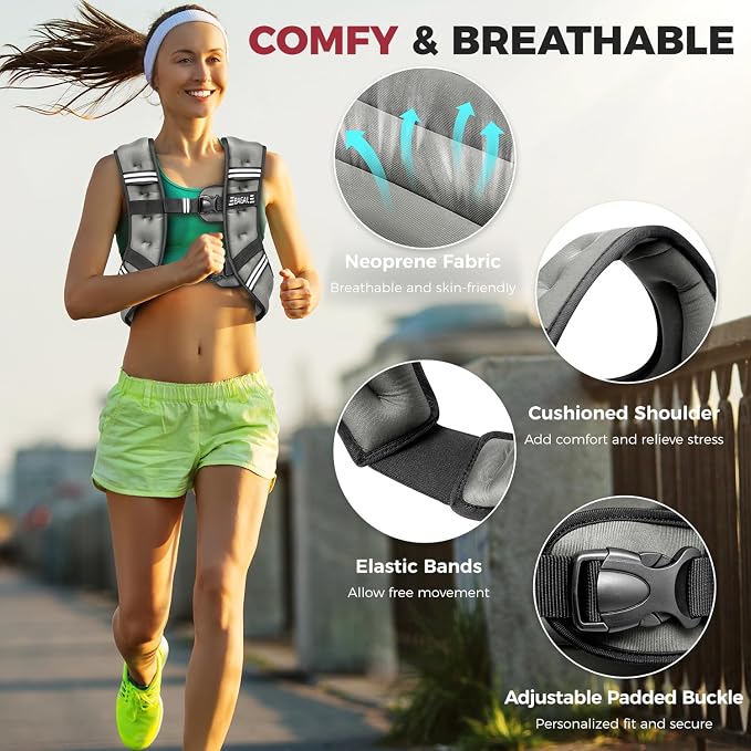 BAGAIL Comfort-Fit Weighted Vest for Woman, Even Weight Distribution, Faster Weight Loss, No-Chafe or Bounce for Walking & Running with Detachable Phone Pouch & Reflective Stripes (Available 5-30lbs)