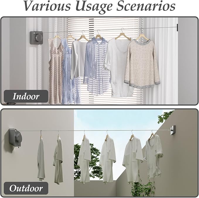 Danpoo Stainless Steel Retractable Clothesline Heavy Duty - 13.7ft Adjustable Tension Non-Drop Clothes Line, Rustproof Metal Wall Mounted Laundry Line(Gray)