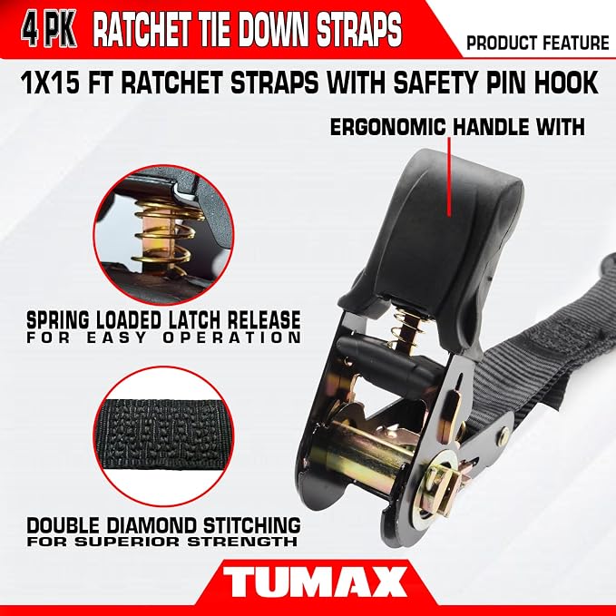 4-Pack Ratchet Straps, 15 FT Heavy Duty Tie Down Straps with 2000 LBs Break Strength, Ergonomic Rubber Handle & 4 Soft Loops, Cargo Straps for Motorcycle, ATV, UTV, Trailer & Moving - Black