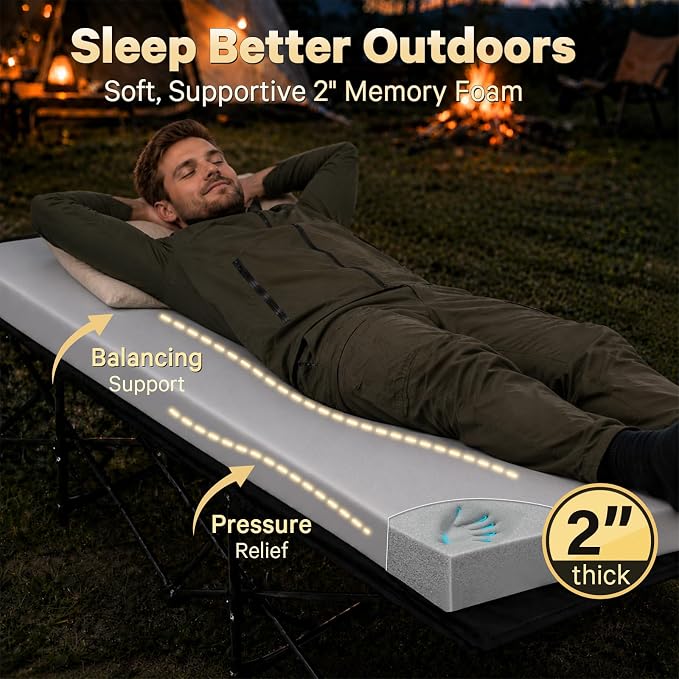 CYMULA Camping Cot Pad 2 Inch Memory Foam, Camping Pad for Folding Cot and Foldable Cot, Portable Roll Up Camp Gear for Car Camping Travel Tent, Non-Slip Waterproof Bottom, Removable Cover, Pad Only