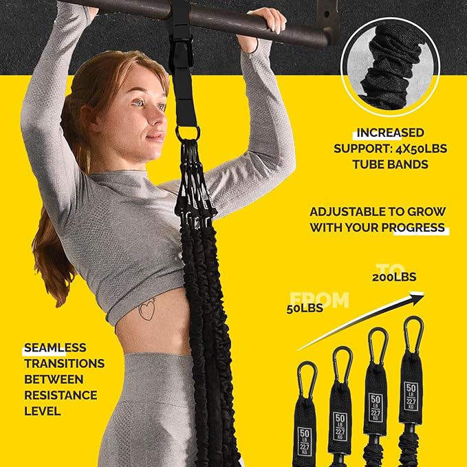 Pull Up Assistance Bands - 4 Heavy Duty Pull Up Bands with Adjustable Strap and Foot Rest - Stackable Pull Up Assist Band Set for Pull Up Bar - Resistance Bands for Pull Ups Chin Ups Strength Training