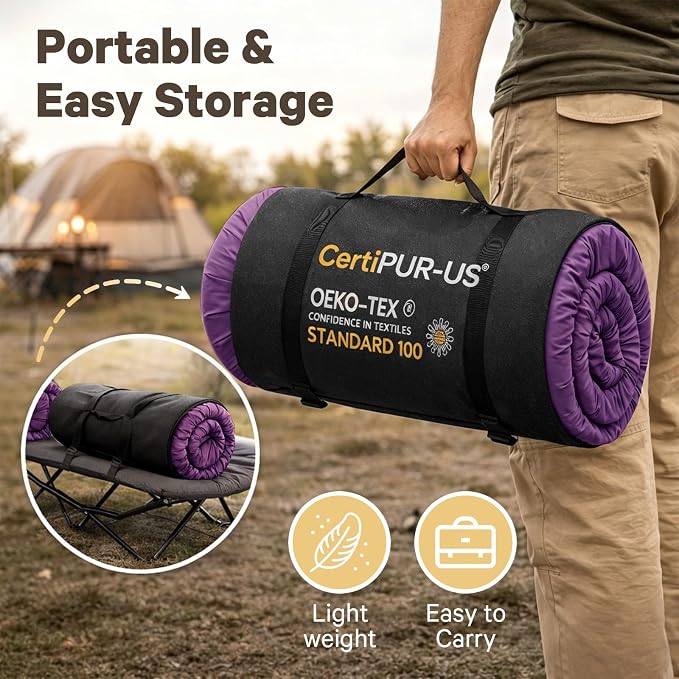 CYMULA Camping Cot Pad 2 Inch Memory Foam, Camping Pad for Folding Cot and Foldable Cot, Portable Roll Up Camp Gear for Car Camping Travel Tent, Non-Slip Waterproof Bottom, Removable Cover, Pad Only