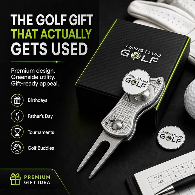Golf Divot Repair Tool — 5-in-1 Golfing Ball Marker, Pitch Mark Repair, Putting Alignment, Club Tee, and Groove Cleaner, Accessory Metal Switchblade Design - Ideal Gift for Golfers