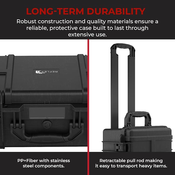 Reflex Camera Large Protective Rolling Hard Camera Case suitable for Drones, Lens, DSLR & Guns. Smooth Rolling Wheels, Waterproof IP67, Shockproof with Adjustable Compartments Dividers