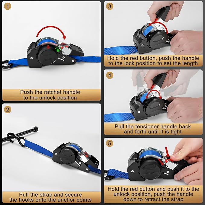 10FT Retractable Ratchet Straps(4-Pack) - 1 Inch (1800 LB Break Strength) Heavy Duty Self Retracting Ratchet Straps with Soft Loops & Storage Bag for Household, Motorcycle, Truck, ATV(Blue)