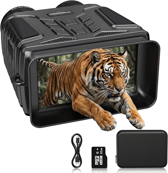 4K Night Vision Binoculars, 4.5'' HD Screen Night Vision Goggles Rechargeable 4000mAh with 7-Level IR & 8X Zoom for Camping Outdoor Exploration, Includes 32GB Card for Adults Wildlife