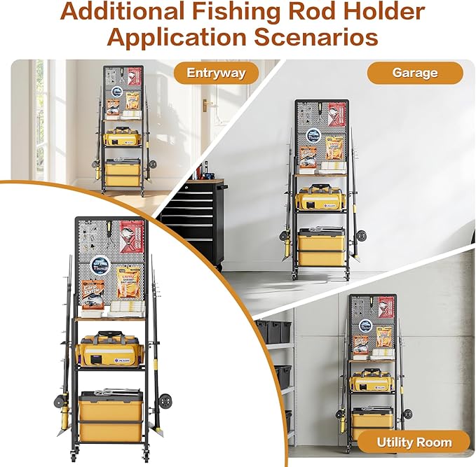 Olakee Fishing Rod Holders, Rolling Fishing Rod Rack for Garage & Boat, Tackle Box & Reel Holder Cart, Easy Assembly Fishing Gear Management System, Ideal Birthday Gift for Men Dad Anglers
