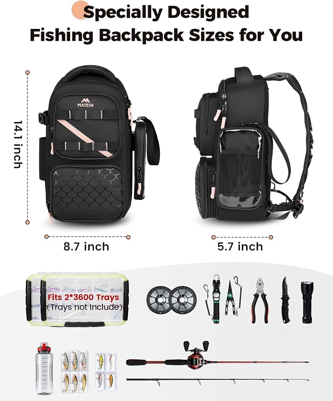 MATEIN Womens Fishing Sling Bag with Lure Rod Holder & Phone Pouch, Fishing Backpack Tackle Box