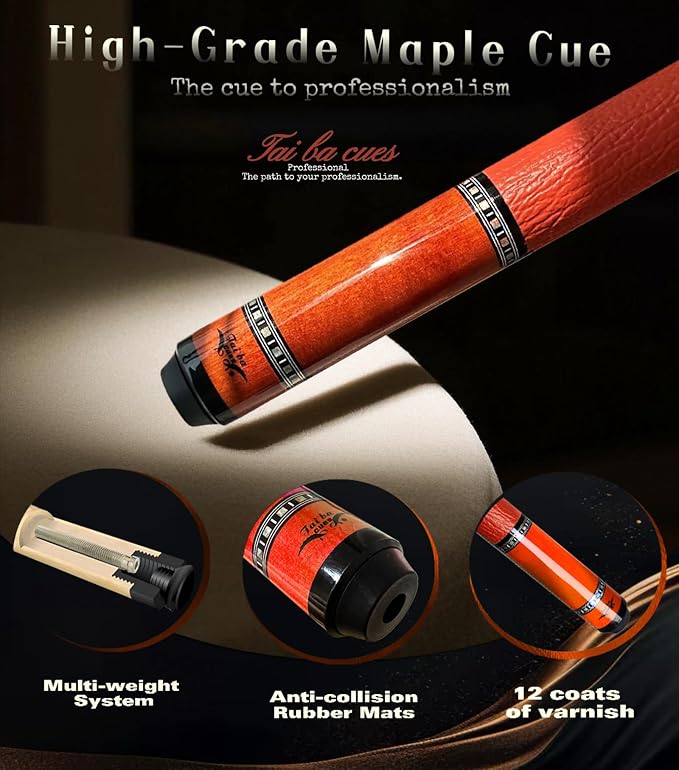 Tai ba cues 2-Piece Pool cue Stick with Case, Genuine Leather Grip, 13mm Tip, 58", 3/8 * 8 Pin Joint, Hardwood Canadian Maple Professional Billiard Cue Stick 19, 20, 21 Oz, Pink, Blue, Green, Orange