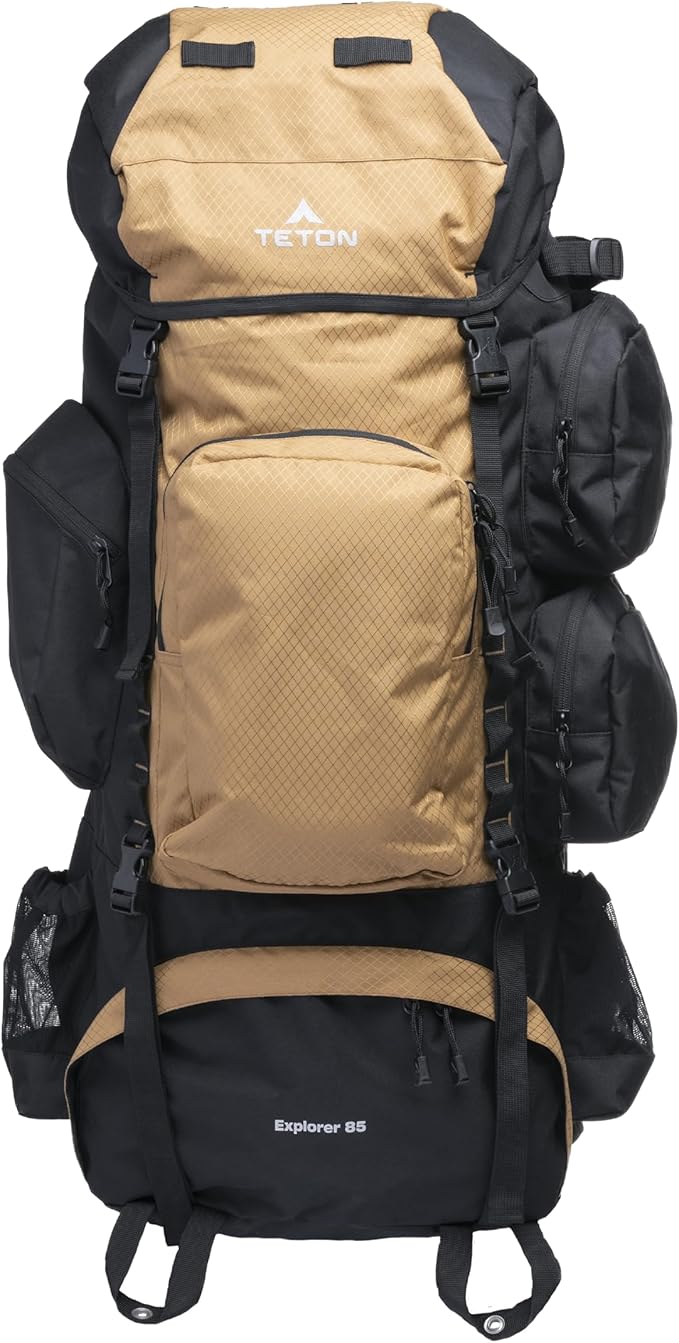 Teton 85L Explorer Internal Frame Backpack for Hiking, Camping, Backpacking, Rain Cover Included, Buck Brown