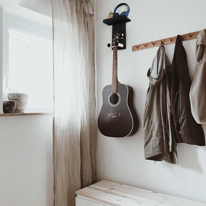 Keebofly Guitar Wall Hanger,2 Pack Guitar Wall Mount Holder Guitar Hanger Shelf with Pick Holder Wood Guitar Rack for Acoustic or Electric Guitar,Ukulele,Bass,Mandolin Black,[Patented]