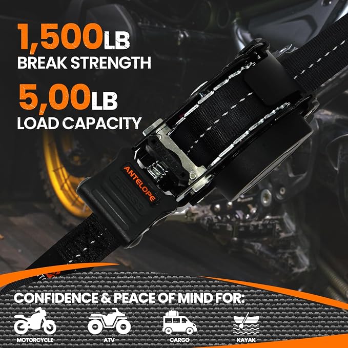 Retractable Ratchet Straps (2PK) - 1 in x 12 ft Automaitc Ratchet Tie Down Straps with Soft Loops, 1500lb Break Strength Self Retracting Strap for Motorcycle, Truck, Cargo, Trailer, ATVs, UTVs -Black