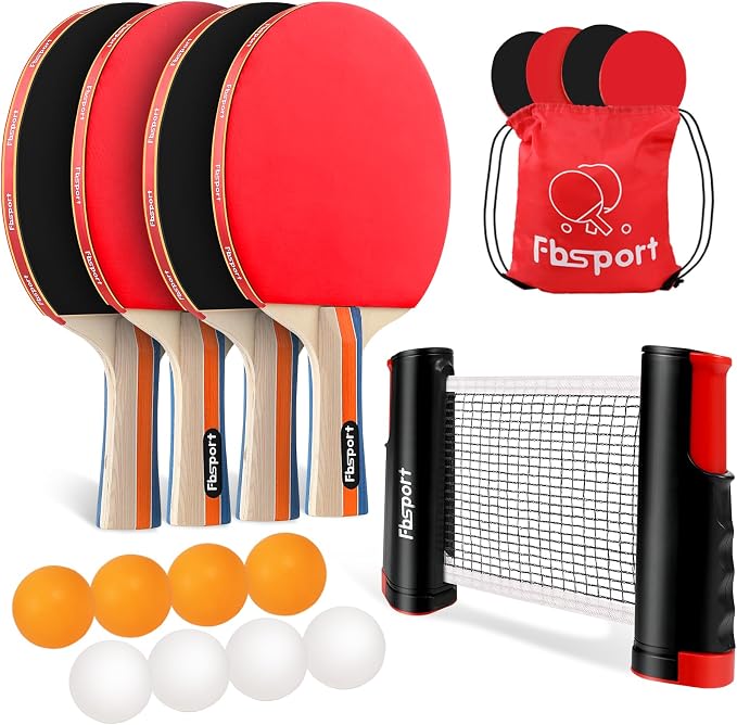 FBSPORT Ping Pong Paddle Set, Table Tennis Set with 4 Rackets and 8 Balls, Retractable Net with Storage Bag - Pingpong Paddle Accessories for Indoor/Outdoor Games