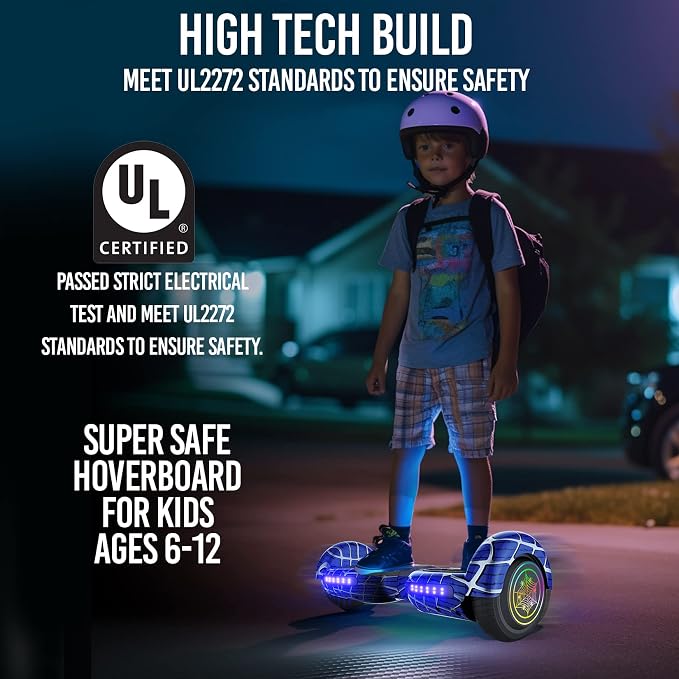 Spider-Pattern Hover Board for Kids Ages 6-12, with Bluetooth Speaker and LED Lights 6.5" Hover Board, UL2272 Safety Certified (Blue)