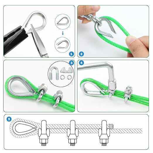 3/16" Clothes Line Outdoors, 100Ft Green PVC Coated Steel Cable Clip Clamp Kit, Multi-use Guide Wires for Climbing Grapevines Plants/Clothesline Wire for T Post/String Light Hanging Kit