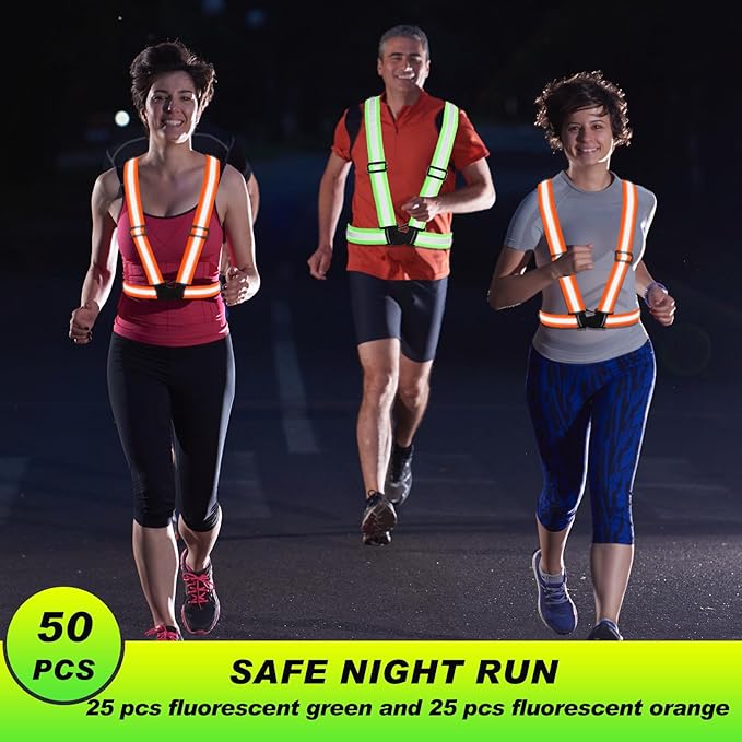 Hercicy 50 Pcs Reflective Vest High Visibility Safety Vests, Adjustable Running Gear Straps Lightweight Reflector for Construction (Green,Orange)