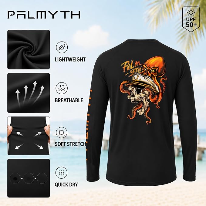 Palmyth Fishing Shirts for Men Long Sleeve UPF 50+ T Shirt Sun Protection | Quick Dry, Sun Protection, Myth-Cool Fabric, Fish Print, Moisture Wicking, Stretchy, Breathable, Fishing,Boating,Outdoor Wear