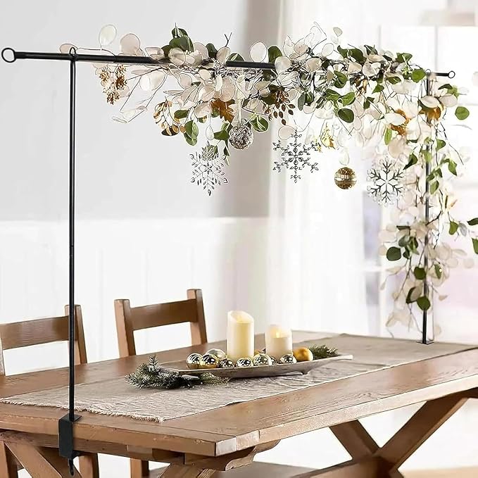 Over The Table Rod Stand with Clamps, Adjustable 16"-48" Tall,31"-98" Length Black Retractable Table Arch Banner Stand Hanging for Wedding Birthday Party Decorations