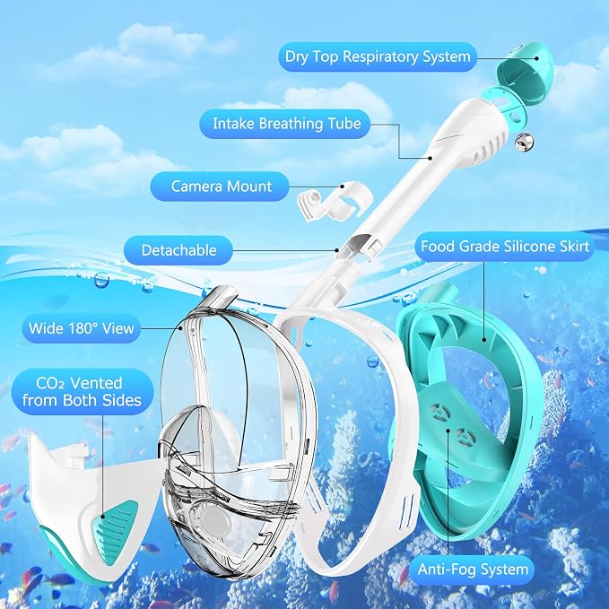 Full Face Snorkel Mask for Adults Teen, Snorkeling Gear with Detachable Camera Mount, Panoramic 180° View, Anti-Fog Anti-Leak Snorkling Set for Man and Women