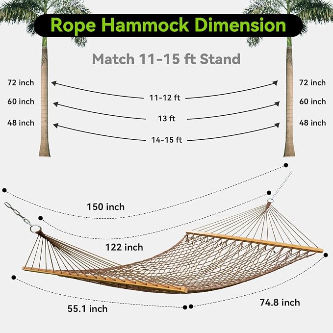 ANAGOO Double Hammock for 2 Person, Handwoven Rope Hammock with Spreader Bar - Indoor & Outdoor Use for Patio, Poolside, Backyard (Brown)