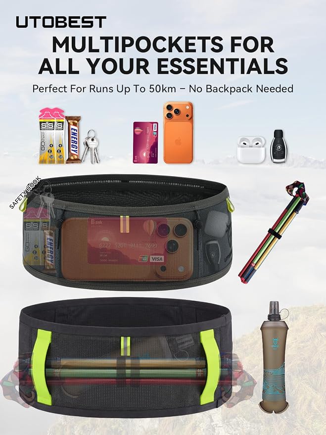 UTOBEST Running Belt for Men & Women, Bounce-Free Running Waist Pack Fits All Phones, 4-Pocket No Zipper Trail Running Belt Fits 500ml Soft Flask, Pole Carry Straps for Race, Trail (B7 Pro-Grey, M)