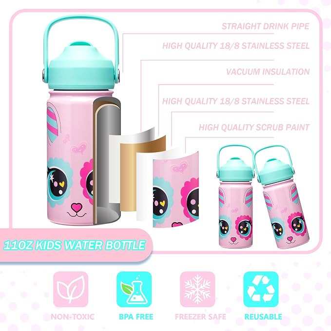 Bento Box for Kids with Ice Pack Lunch Box Girls with Lunch Bag,Stainless Steel Water Bottle Set Utensils Set Food Container for School Girls Kids