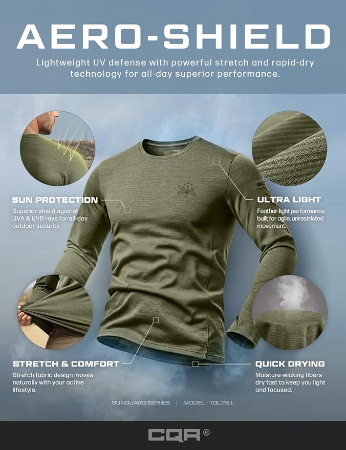 CQR Men's UPF 50+ Sun Protection Long Sleeve Quick Dry Athletic Shirts, Stretch Running Workout Hiking T-Shirts