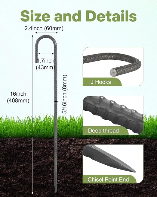 16 Inch Rebar Stakes, 8 Pcs Metal Stakes for Ground Heavy Duty J Hook, 5/16" Diameter Chain Link Fence Stake Garden Ground Stake for Camping, Inflatables, Canopies, Swing Sets