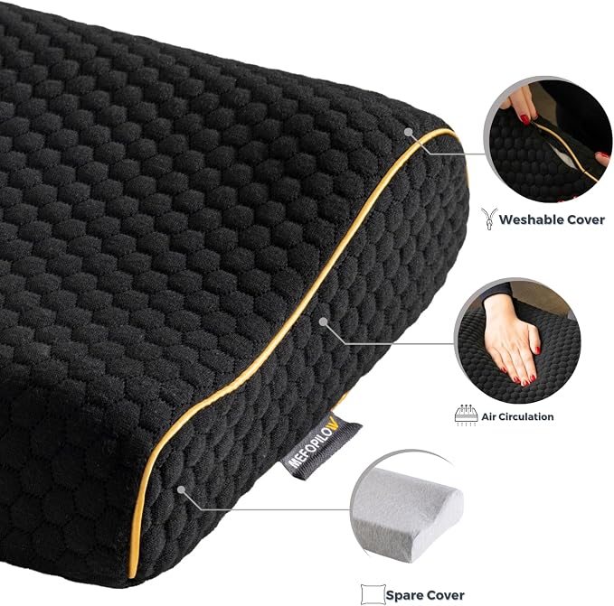 Memory Foam Travel Pillow with Washable Cover & Carry Bag – Compact, Soft & Breathable Neck Pillow for Airplane, Camping & Car (Black- with Extra Gray Cotton Cover, 13.8x11.8x3.9/3.1 inches)
