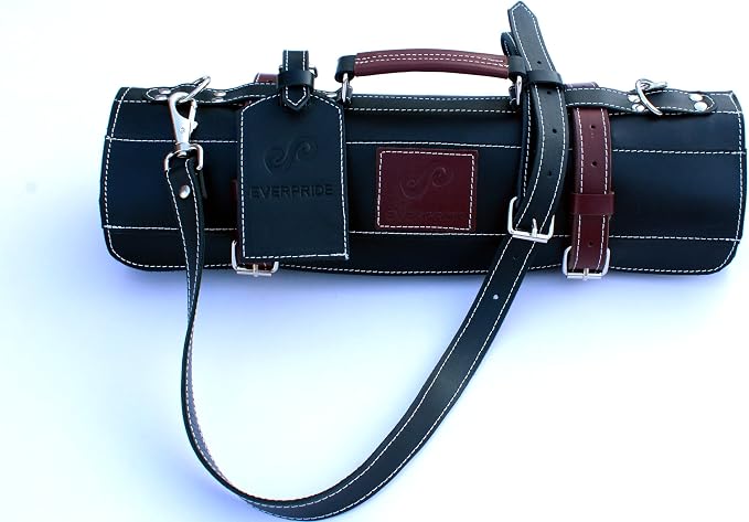 EVERPRIDE Elegant Black Leather with Maroon Trim, Professional Chef Knife Roll Bag for Knives. Premium Leather Bag, Sturdy Construction, Luxurious Carry Case and Display for Knives. A Great Gift.